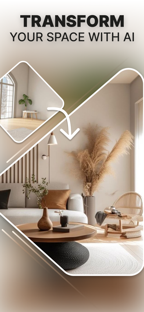 Interior Design - Home Remodel - AI powered interior design app showing a before and after living room makeover transformation