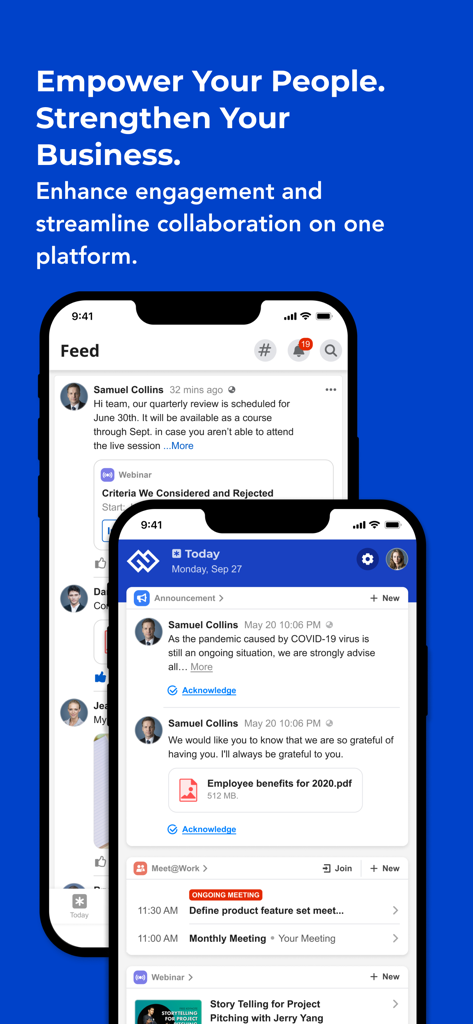 eUnite @work app interface displaying corporate feed and employee announcements on two mobile devices