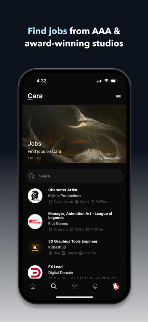 Cara: Art & Social - A mobile screenshot of the Cara app job board featuring art career opportunities at major gaming and animation studios