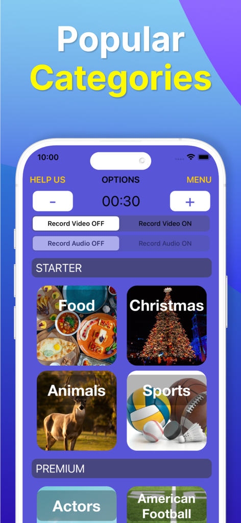 Heads Up 7 Up - Heads Up 7 Up App-Bildschirm, der Spielkategorien wie Essen, Weihnachten, Tiere und Sport mit Videoaufnahmemöglichkeiten zeigt.
