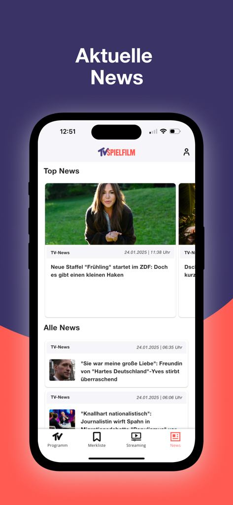 TV SPIELFILM - TV Programm - Smartphone screen displaying the news section of the TV SPIELFILM app with celebrity and entertainment headlines