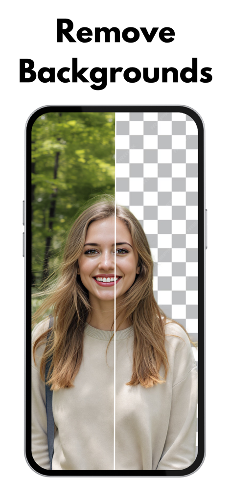 Background Eraser - Remover AI - Pantalla de smartphone mostrando una comparación de antes y después de un retrato con su fondo eliminado por IA.