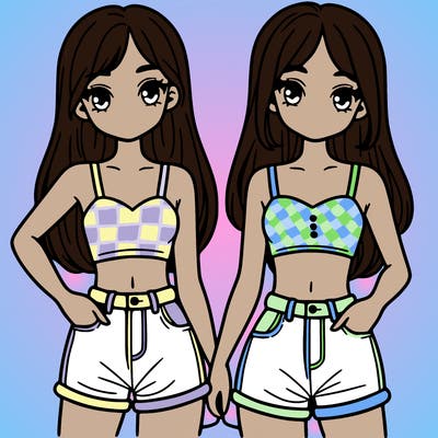 two sisters with crop tops and jean shorts and straight hair