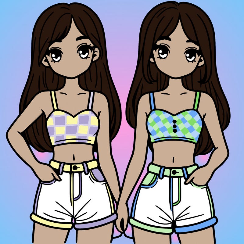 two sisters with crop tops and jean shorts and straight hair