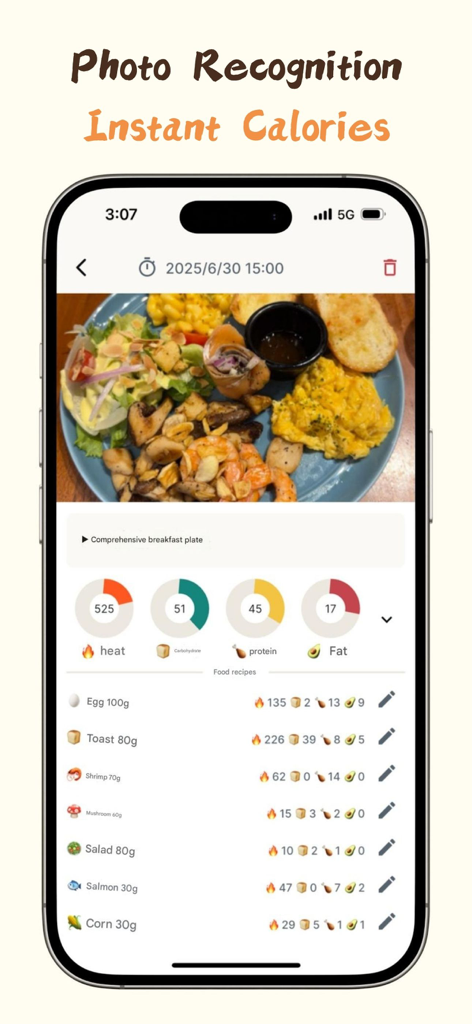 EatPal - EatPal app interface showing AI food photo recognition with instant calorie and macronutrient breakdown for a breakfast plate.