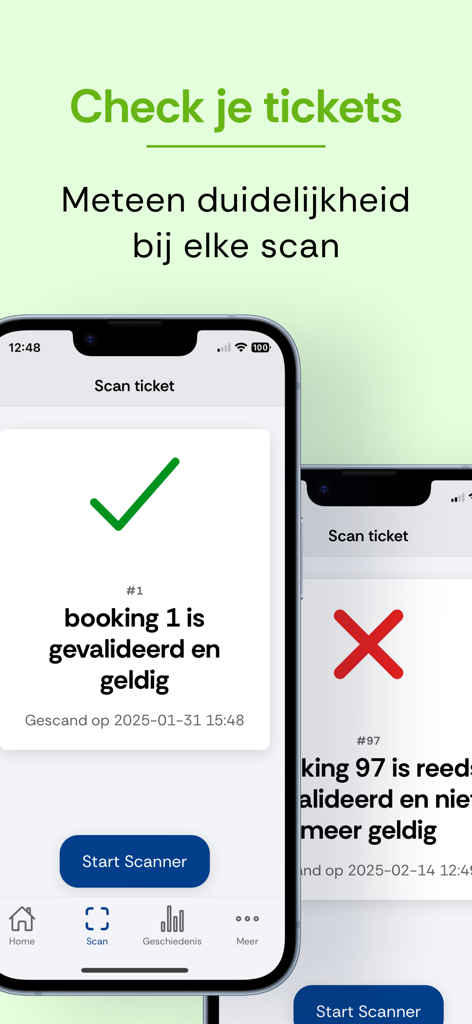 i-Reserve scanner - Interface of i-Reserve scanner app showing valid and invalid ticket scan results