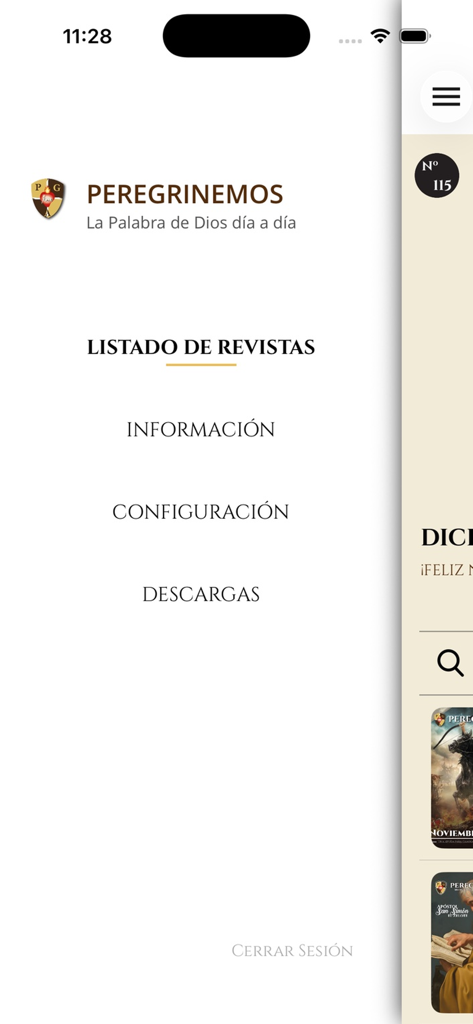 Peregrinemos - Menú principal de la aplicación de la revista católica Peregrinemos mostrando opciones de navegación en español
