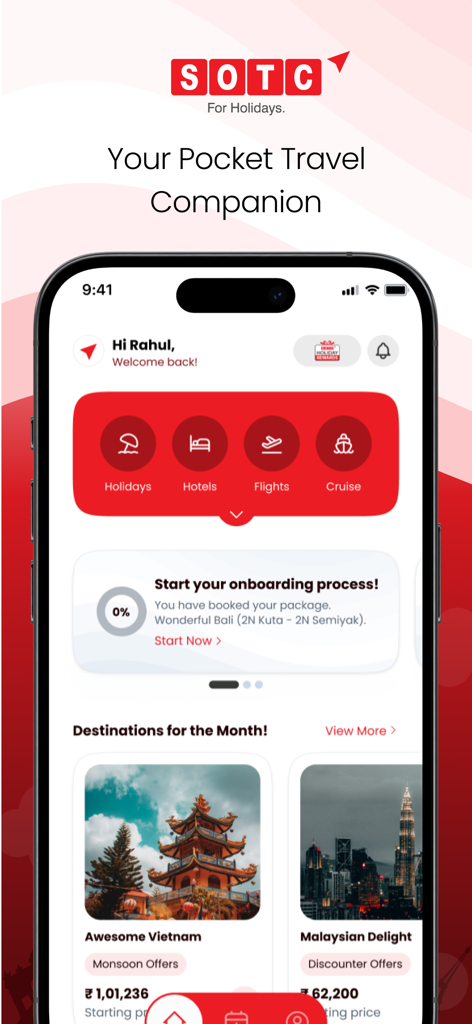 SOTC Holidays - SOTC Holidays mobile app home screen showing travel booking options and destination offers