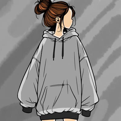 realistic girl with a oversized sweatshirt on and a bun