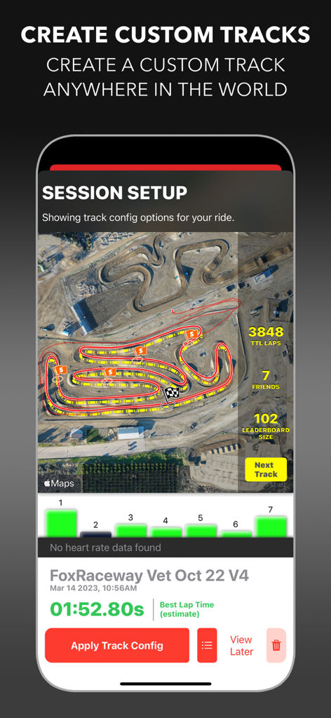LITPro - GPS Lap Timer - LITPro app interface showing custom track creation with GPS satellite mapping and lap time analysis for motocross