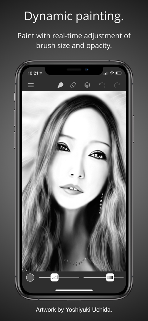 Brushes - Brushes 4 app interface on iPhone displaying a digital black and white portrait with brush adjustment sliders