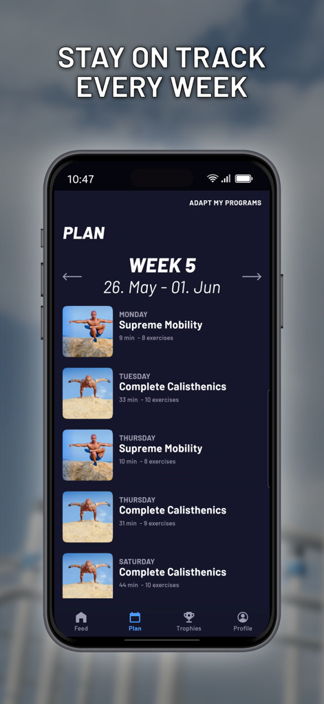 Cali Move Workouts mobile app showing a weekly exercise plan with mobility and calisthenics sessions