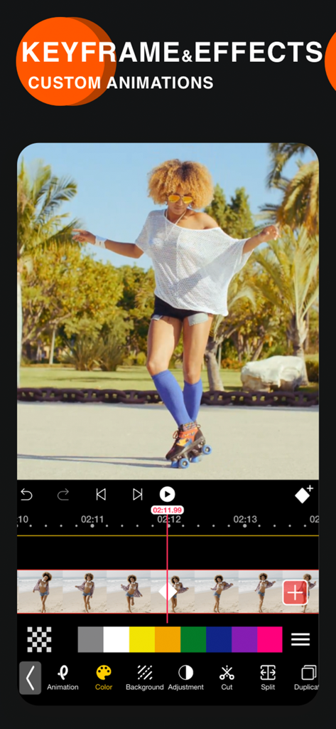Video Eraser app interface showing keyframe and effects for custom animations