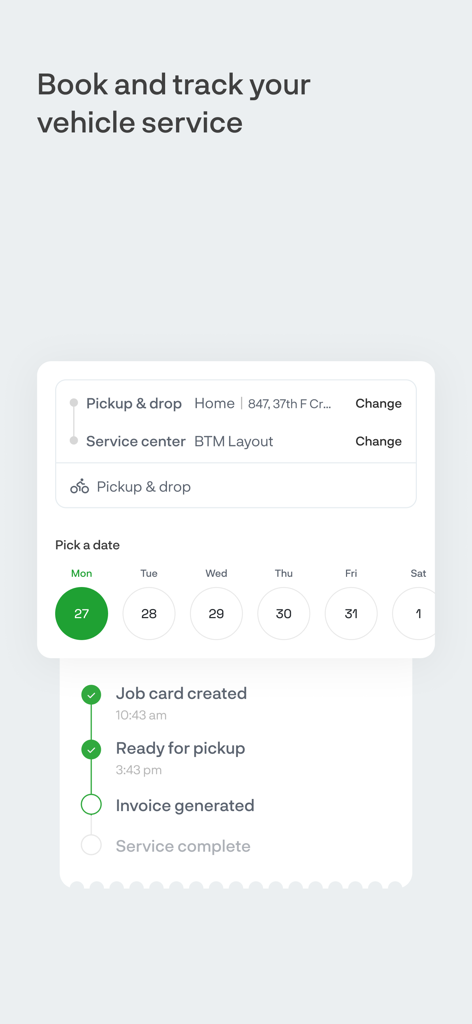 Ather - Interface of the Ather app showing vehicle service booking and progress tracking.