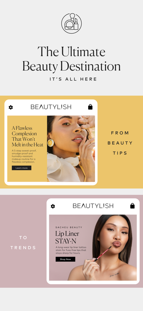 Beautylish - Beautylish mobile app interface featuring beauty tips for a flawless complexion and the latest makeup trends.