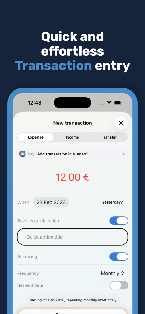 Interface of Numeo app showing a new transaction entry screen on an iPhone with recurring payment options.