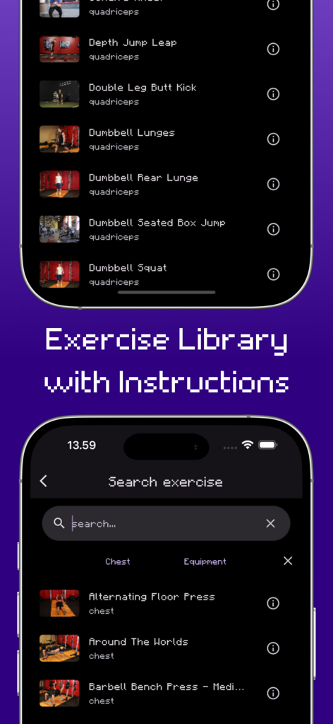 RPGFitness: Workout Tracker - RPGFitness app exercise library screen showing a list of workouts and a search interface
