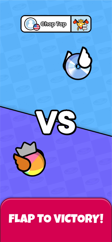 Flappy Dunk Versus-Modus-Bildschirm mit benutzerdefinierten geflügelten Ball-Skins und einer 'Flap to Victory'-Nachricht