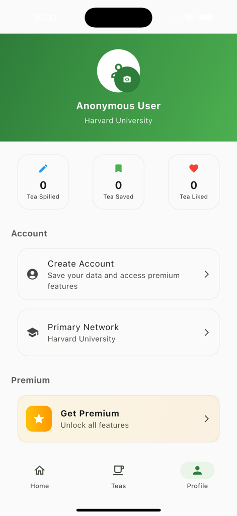 Profile page of the Tea Drop mobile app showing user statistics for tea spilled, saved, and liked along with account and premium settings.