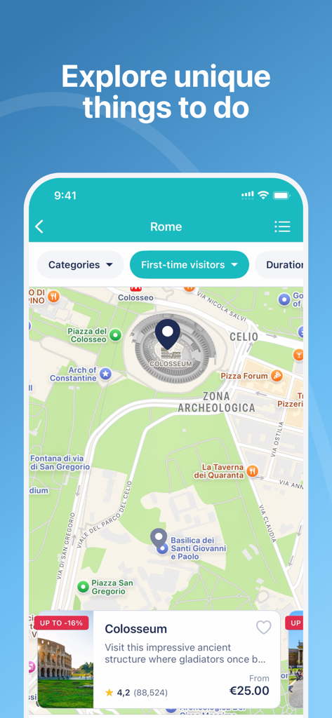 Tiqets - Museums & Attractions - Tiqets app map interface showing tourist attractions in Rome including the Colosseum with pricing and ratings