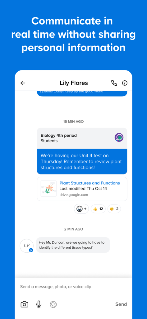 Interface of the Remind app showing a teacher sharing a study link and answering a student's question in a class chat group.