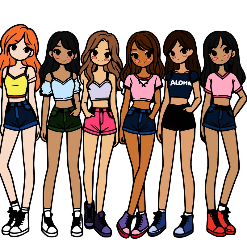 a group of girls wearing crop tops and shorts
