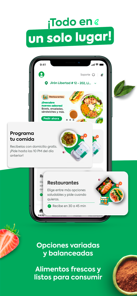 Manzana Verde - Healthy food - Pantalla de iPhone mostrando la interfaz de la app Manzana Verde con opciones para programar comidas saludables y entrega a domicilio