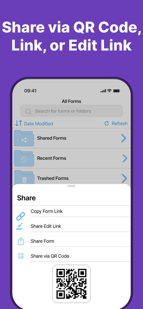 Forms for Google Forms⁺ - Mobile app interface showing options to share forms via link or QR code