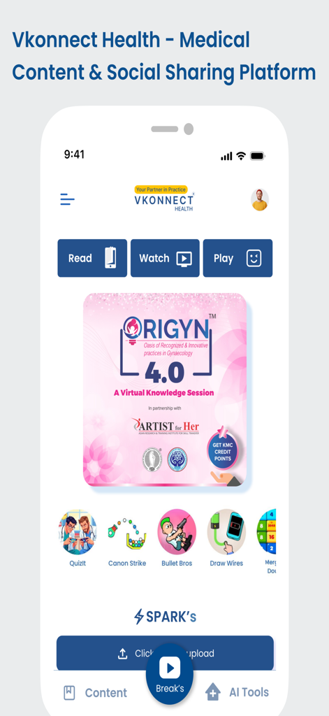 Home screen of VKonnect Health app displaying medical content and educational games