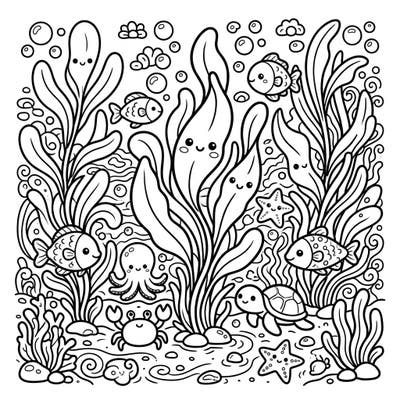 Explore an enchanting underwater world where friendly seagrasses dance with adorable marine creatures. This delightful Kawaii-style coloring page promises hours of joyful creativity for colorists of all ages.