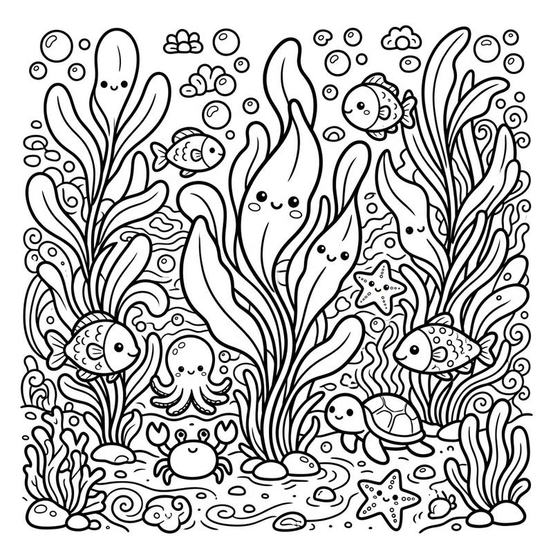 Explore an enchanting underwater world where friendly seagrasses dance with adorable marine creatures. This delightful Kawaii-style coloring page promises hours of joyful creativity for colorists of all ages.