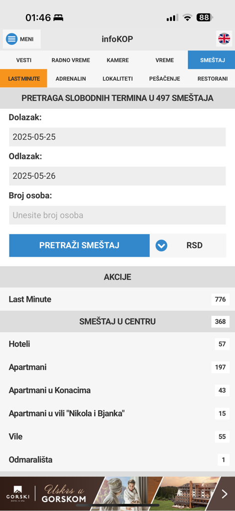 infoKOP - Suchoberfläche für Unterkünfte und Hotels in der mobilen infoKOP-App