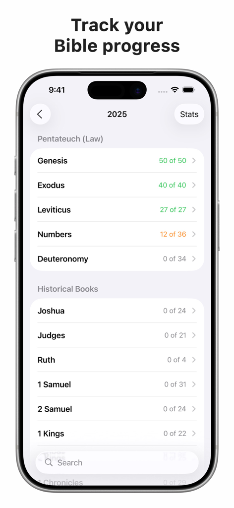 TMBR: Track My Bible Reading - Interfaz de la aplicación TMBR que muestra una lista de libros de la Biblia con el progreso de finalización de capítulos
