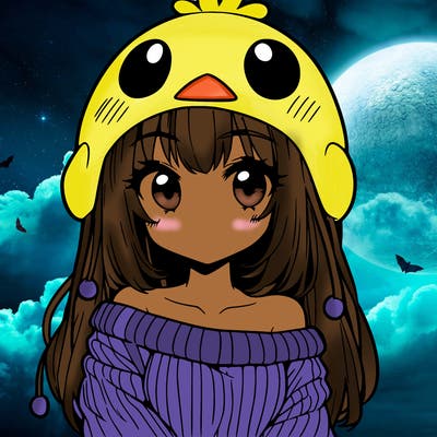 anime girl with chick shaped hat with sweater with bare shoulders with bangs covering them one eye with low tail