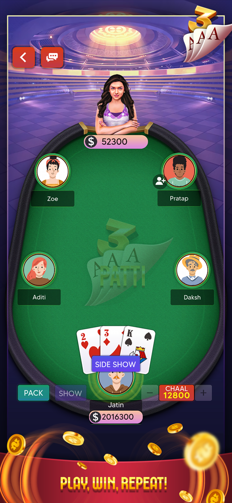 Teen Patti: Indian Poker - Teen Patti Indian Poker game interface showing a virtual card table with player avatars and betting options