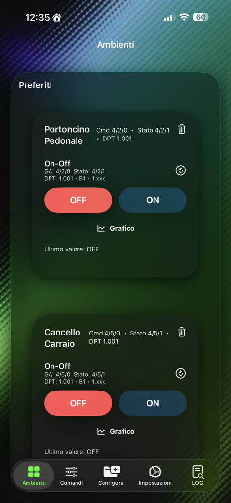 KNX Pro Tester - KNX Pro Tester mobile App-Oberfläche, die Torsteuerungs-Schalter und Gruppenadressdaten im Umgebungsbereich anzeigt