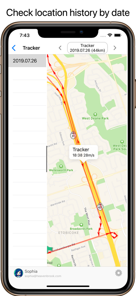 GPS Tracker+ - Interface de l'application GPS Tracker affichant un parcours historique sur une carte avec la date et les détails de vitesse