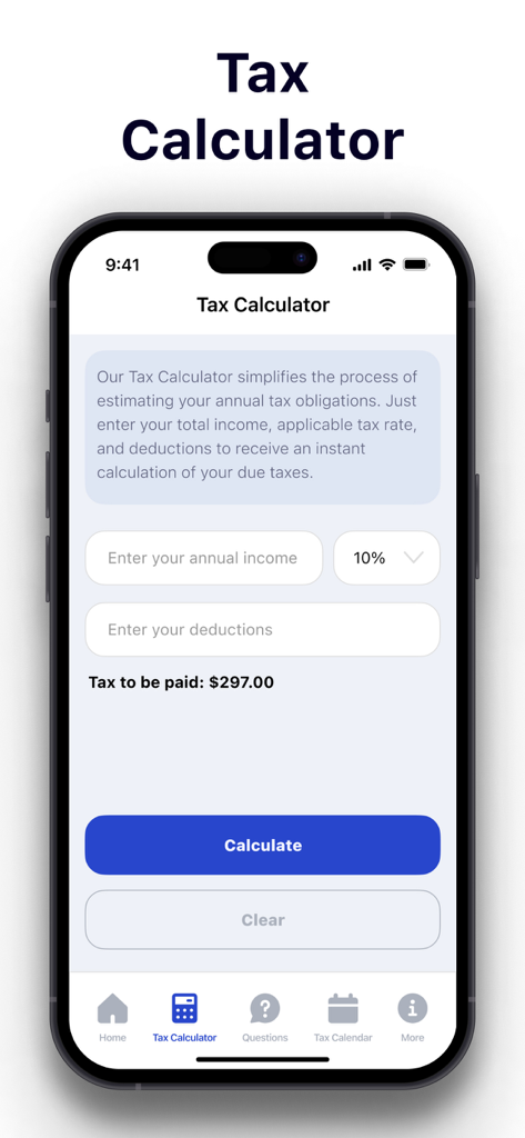 IRS2go: Where's My Tax Refund? - Screenshot of the Tax Calculator feature in the IRS2go app showing input fields for income and deductions.