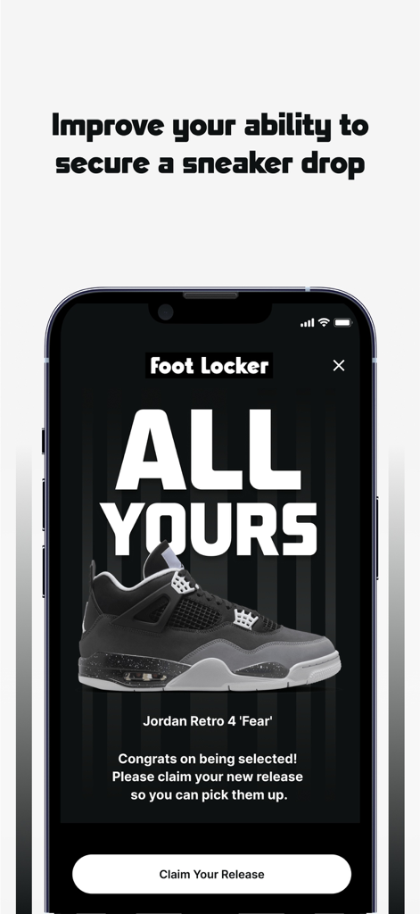 Ein Mobiltelefonbildschirm zeigt die Foot Locker App mit einer Benachrichtigung zur Beanspruchung eines Jordan Retro 4 Fear Sneaker-Releases.