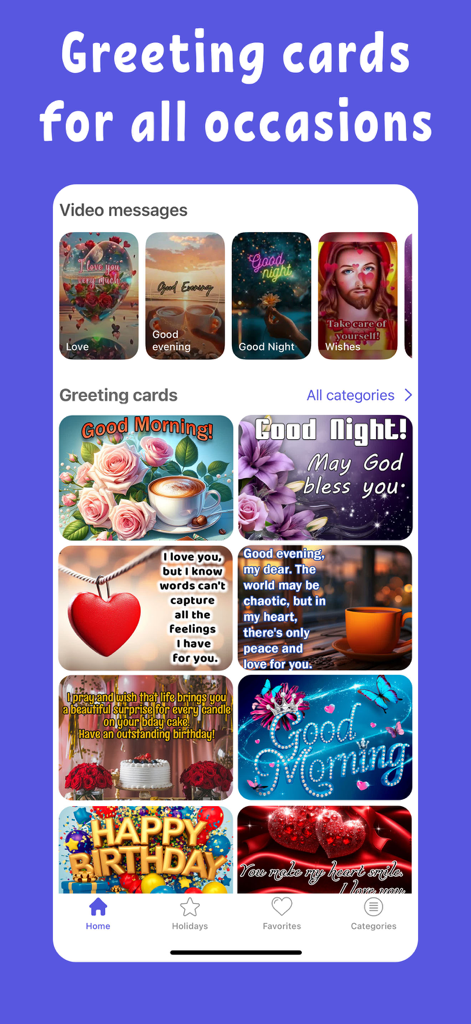 Love message & Birthday wishes - Variety of animated video messages and greeting cards for daily wishes and birthdays on a mobile app interface.