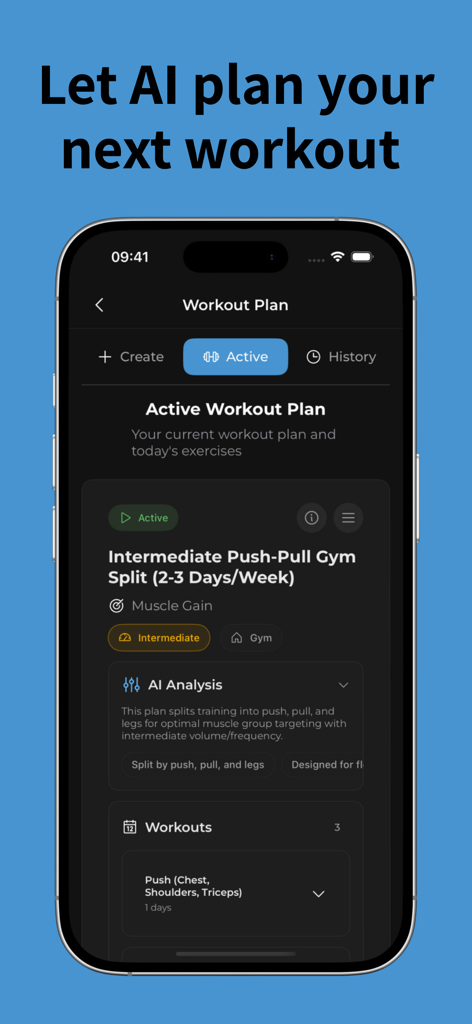 A screenshot of the W8Log app interface displaying an AI-generated intermediate push-pull gym workout plan.