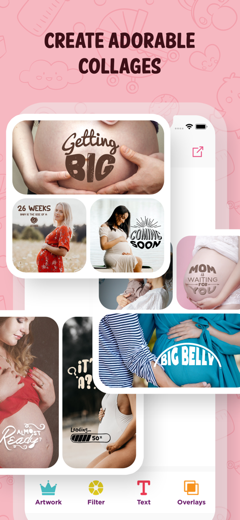An app screen showing multiple maternity photos with decorative artwork and pregnancy milestone text overlays