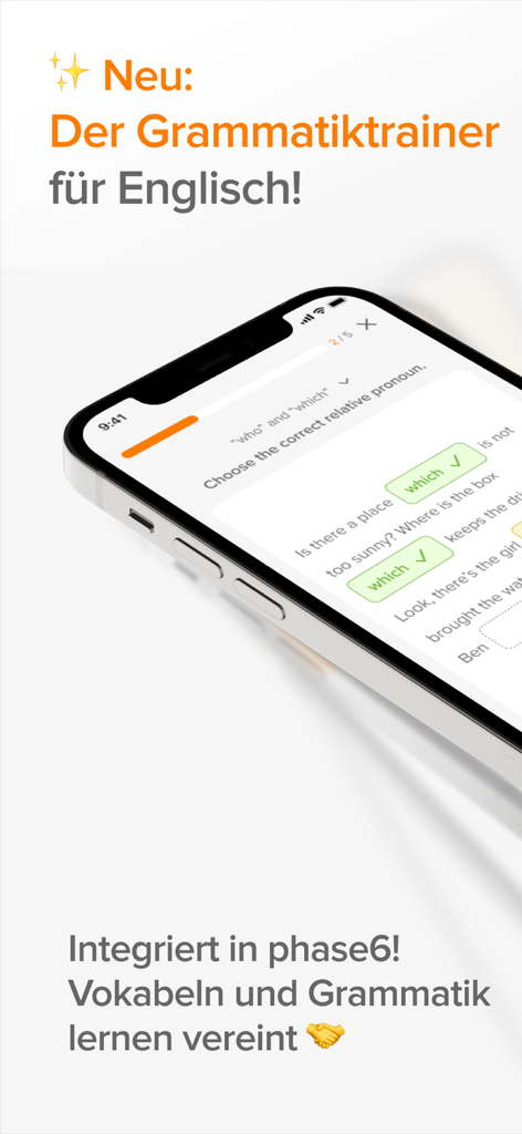 phase6: Practice vocabulary - Interface de l'application mobile phase6 montrant un exercice de grammaire anglaise pour les étudiants