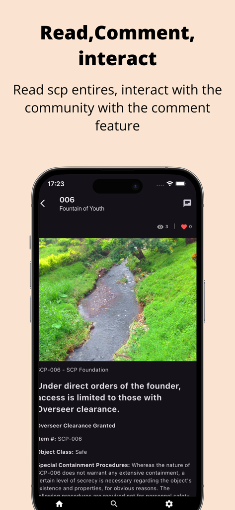 SCP Dictionary app interface displaying an SCP entry with text and image in dark mode