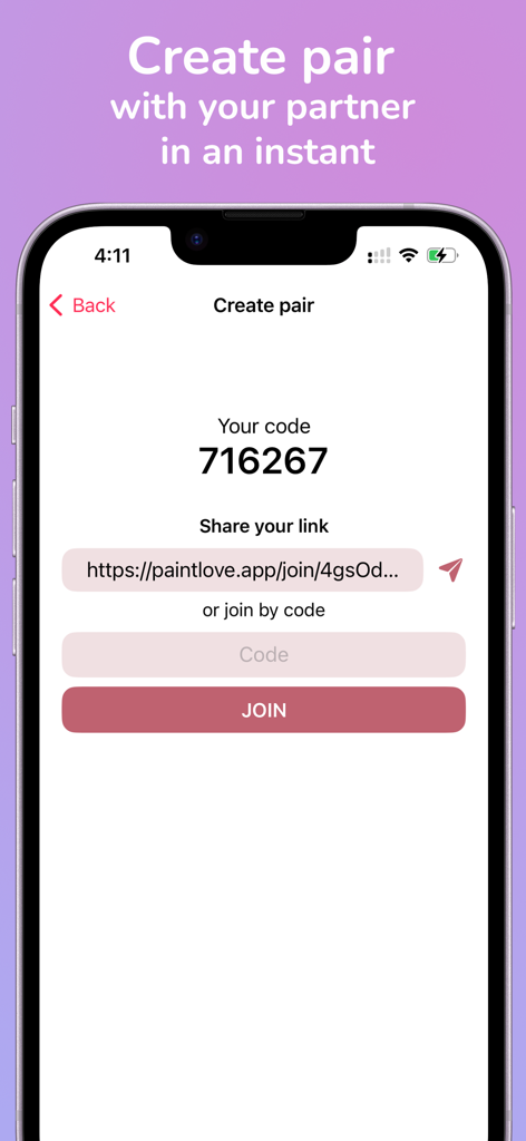 Interface of the Paint Love app showing how to create a pair with a partner using a unique code and sharing link.