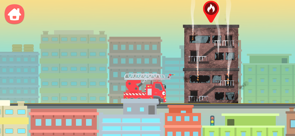 TAYO The Brave Cars - Frank the fire truck approaching a burning building during a rescue mission.
