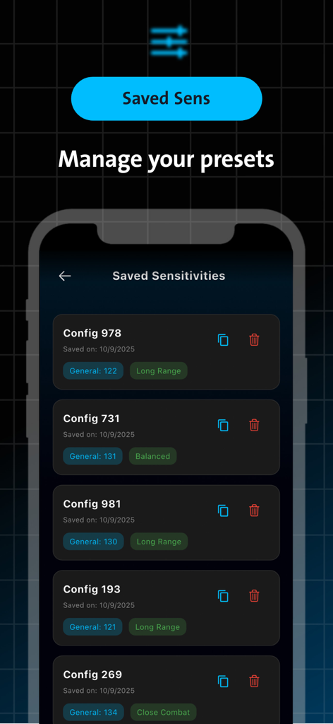 Sensitivity FFx Tool & ChatBot - Uma tela mostrando uma lista de configurações de sensibilidade de jogos salvas com opções para copiar ou excluir.