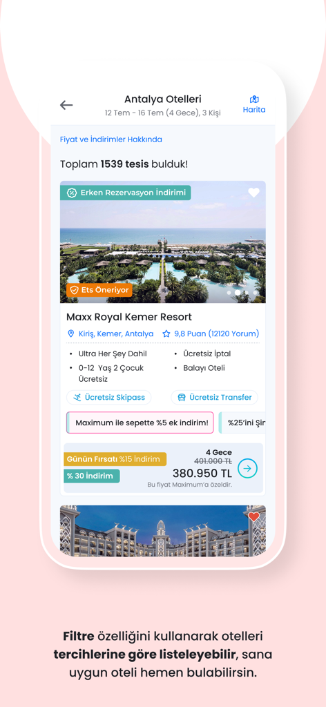Etstur mobile app screen showing a luxury resort listing in Antalya with early booking discounts and hotel details