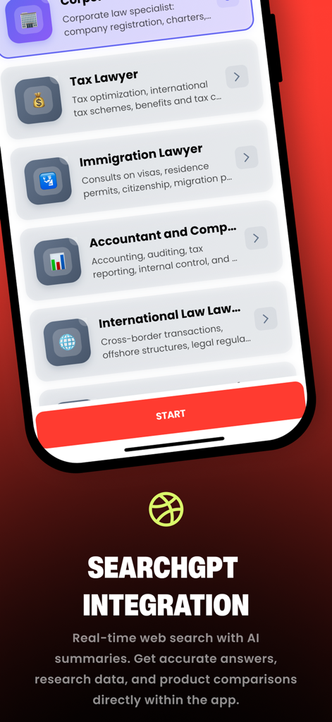Écran de l'application AI Chat montrant l'intégration de SearchGPT et des agents professionnels spécialisés