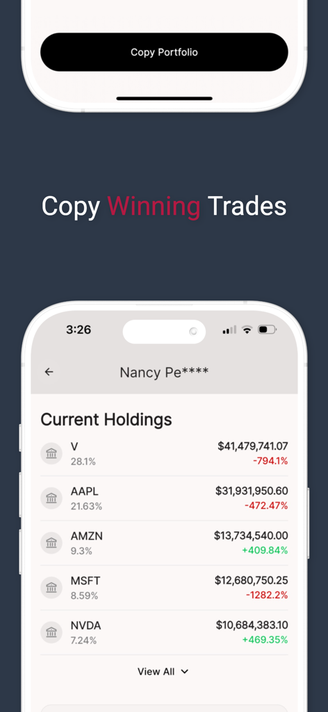 Insiderwave app screen showing how to copy winning stock trades from successful investors